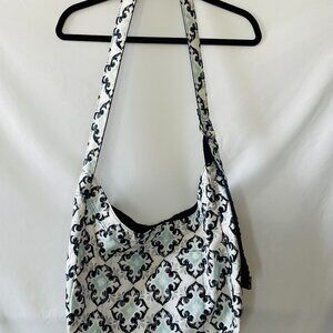 Retro Metro Thirty One Womens White Blue Damask Print Adjustable Strap Hobo Bag